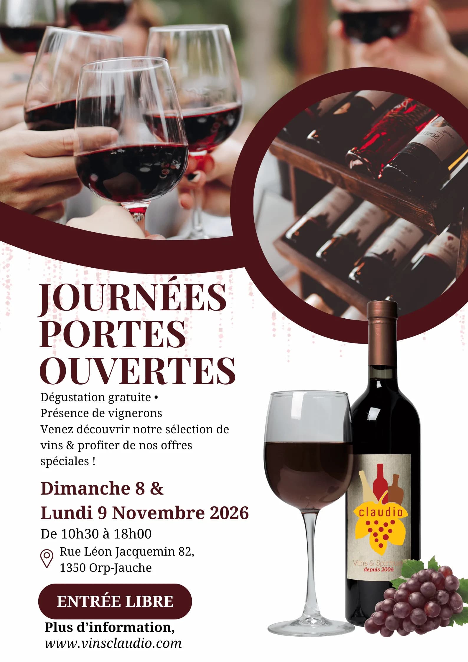 Affiche des Journées Portes Ouvertes 2026 : dégustation gratuite, présence de vignerons, dimanche 8 et lundi 9 novembre 2026, de 10h30 à 18h00, rue Léon Jacquemin 82 à Orp-le-Grand, entrée libre.